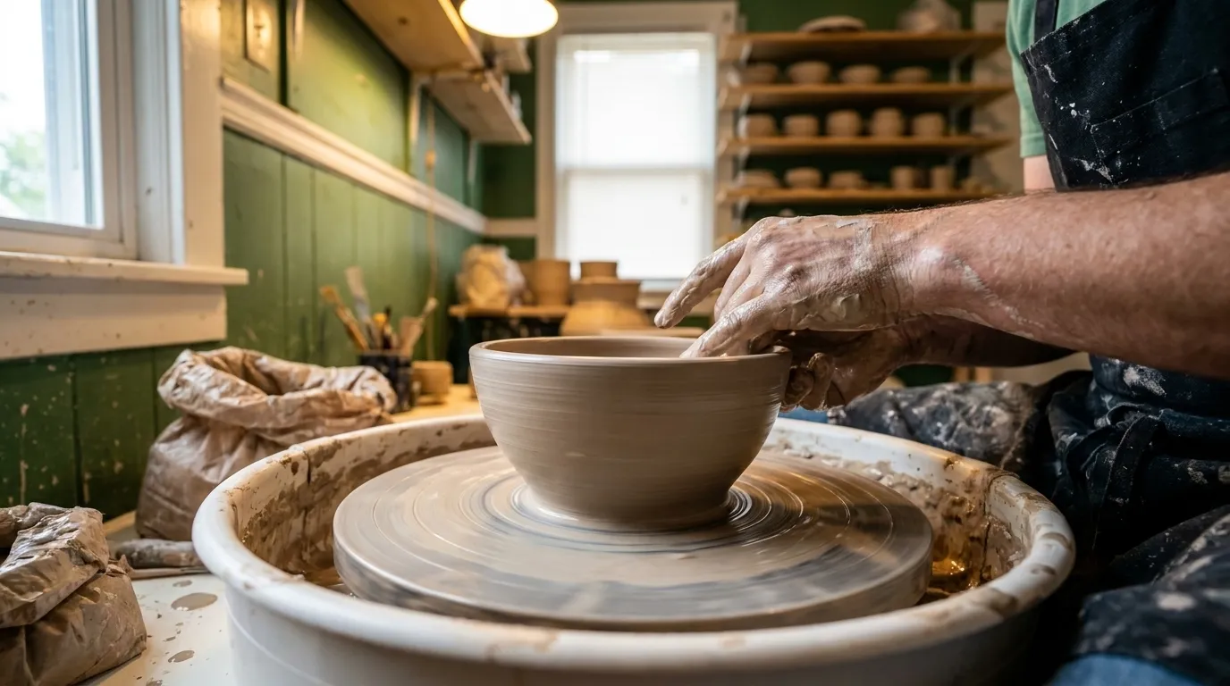 Close-up of hands shaping wet clay on a pottery wheel during a ceramics class