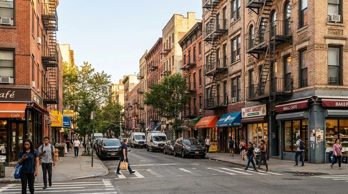Street view of Lower East Side showing mixed-use buildings and pedestrians on sidewalk