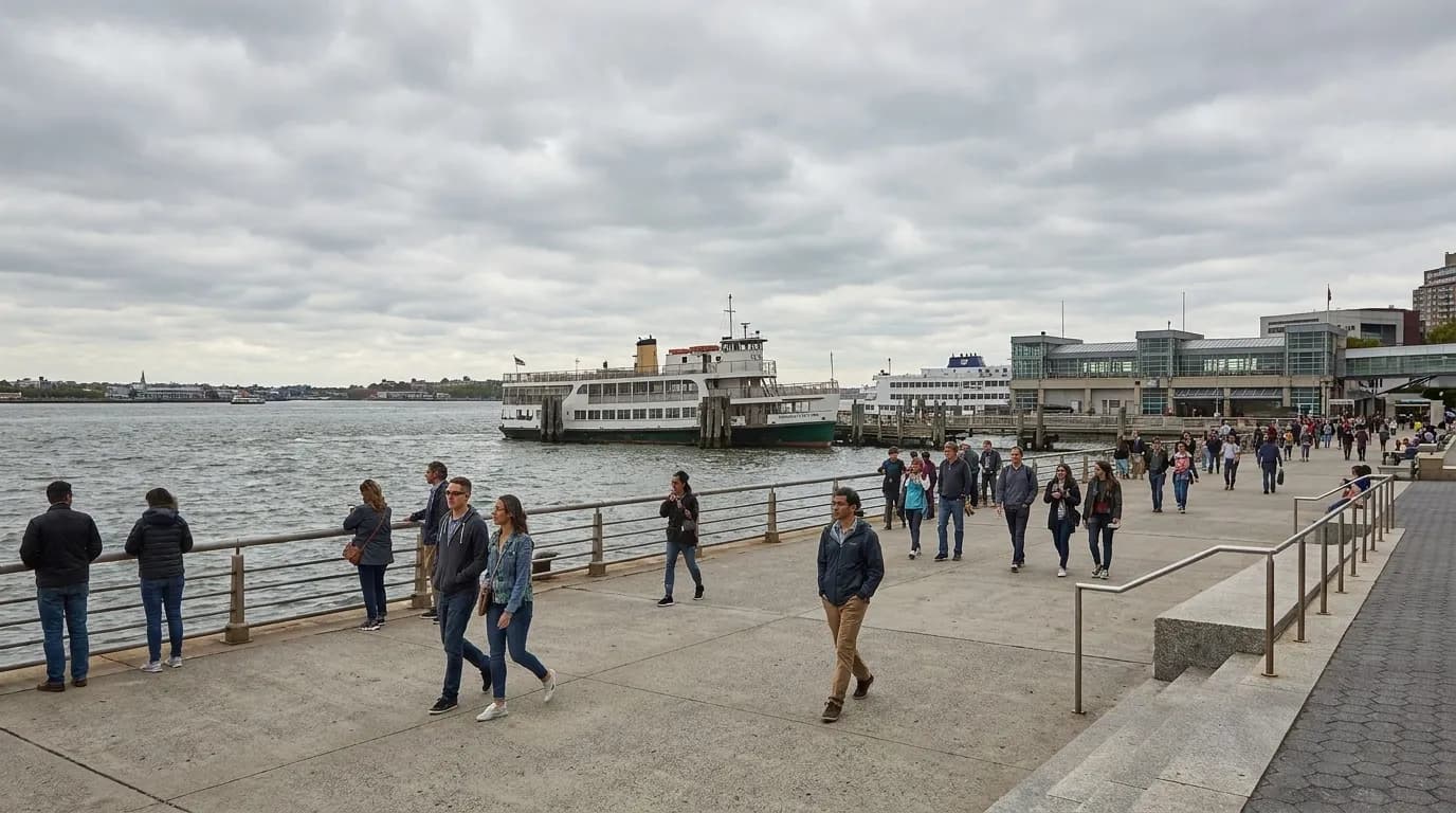 Wide view of Battery Park waterfront promenade with harbor views and pedestrian pathways in Lower Manhattan