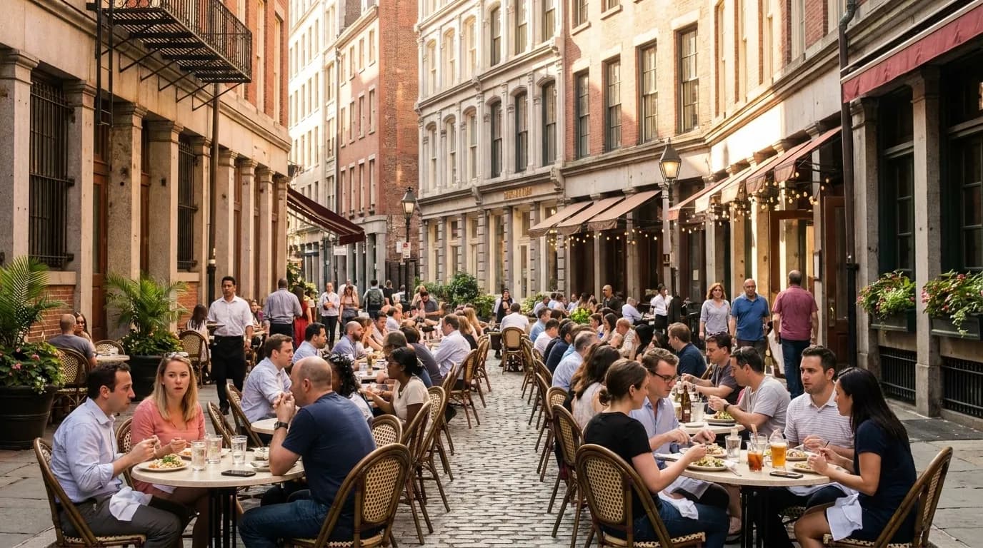 Stone Street cobblestone pedestrian zone with outdoor seating and historic buildings in Lower Manhattan