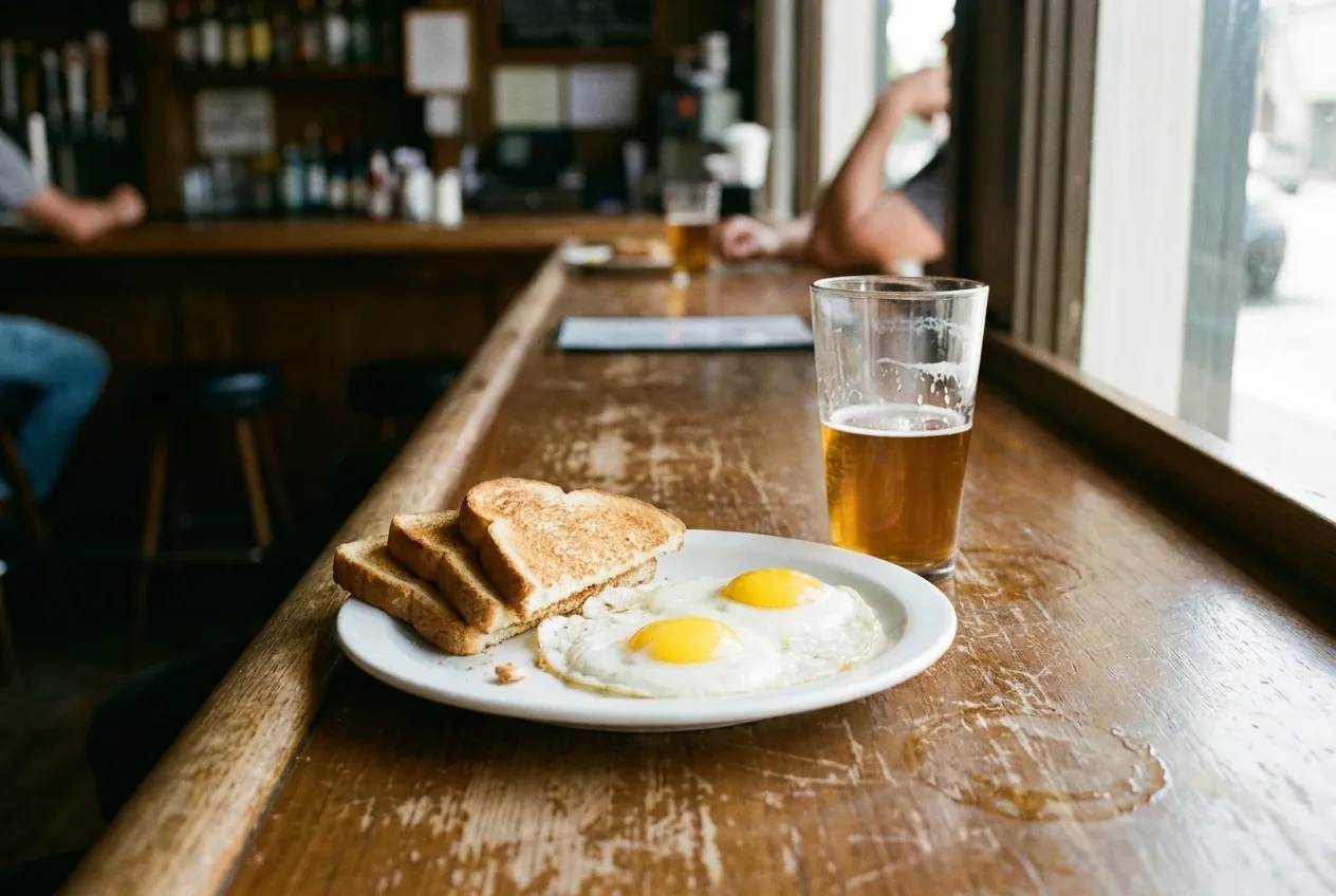A breakfast plate of eggs and toast next to a half-finished pint on a bar counter
