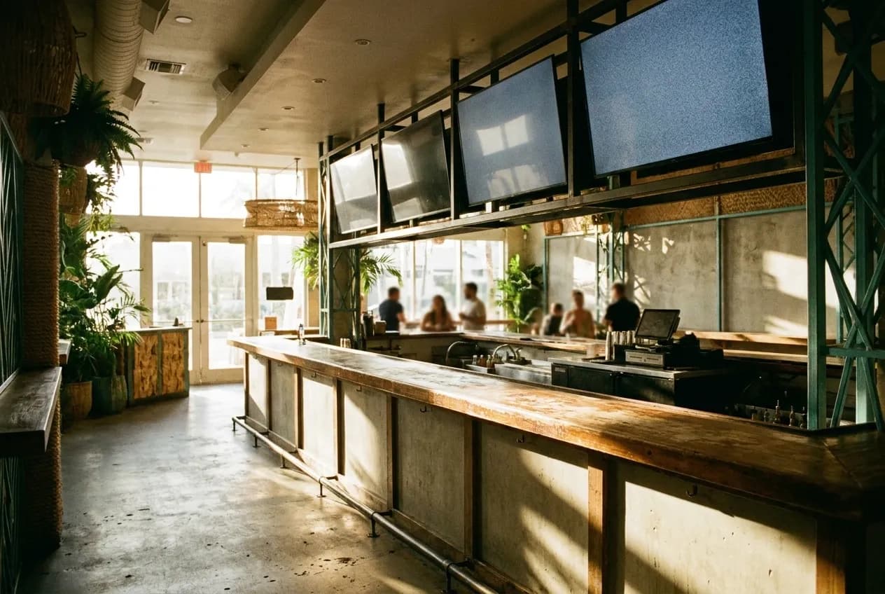 The interior of a bar with several large screens mounted along the wall above the counter, morning light coming in through the front windows
