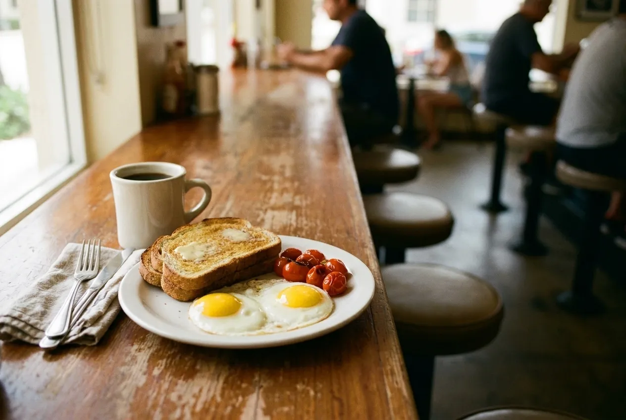A plate of eggs and toast beside a cup of coffee on a bar counter, cutlery set to one side in soft morning light