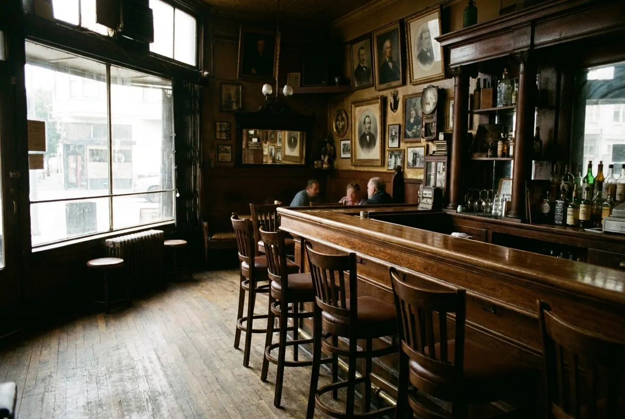 A small bar interior in daytime with a few empty stools at the counter and daylight coming through a front window onto a wooden floor