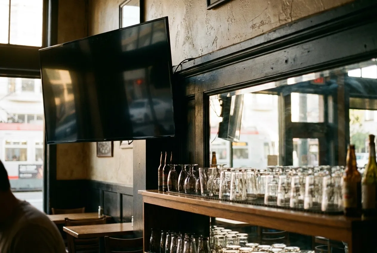 A flat screen mounted high in the corner of a room above a shelf of glasses, the screen dark and reflecting the window opposite