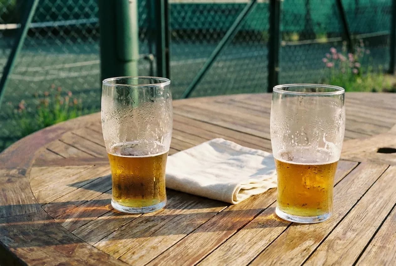 Two half-full glasses on a bar table with condensation running down the sides, a folded napkin between them