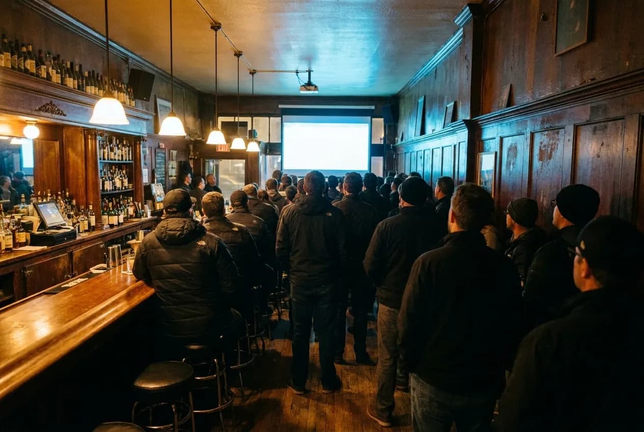 A crowded bar interior seen from the back, heads turned toward a bright screen at the far end and warm light over the counter to one side