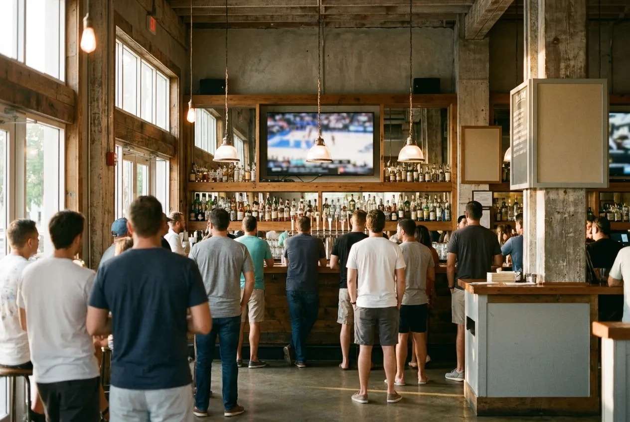 A busy bar interior with people facing a large mounted screen, backs to camera, warm overhead lighting and bottles ranked behind the counter