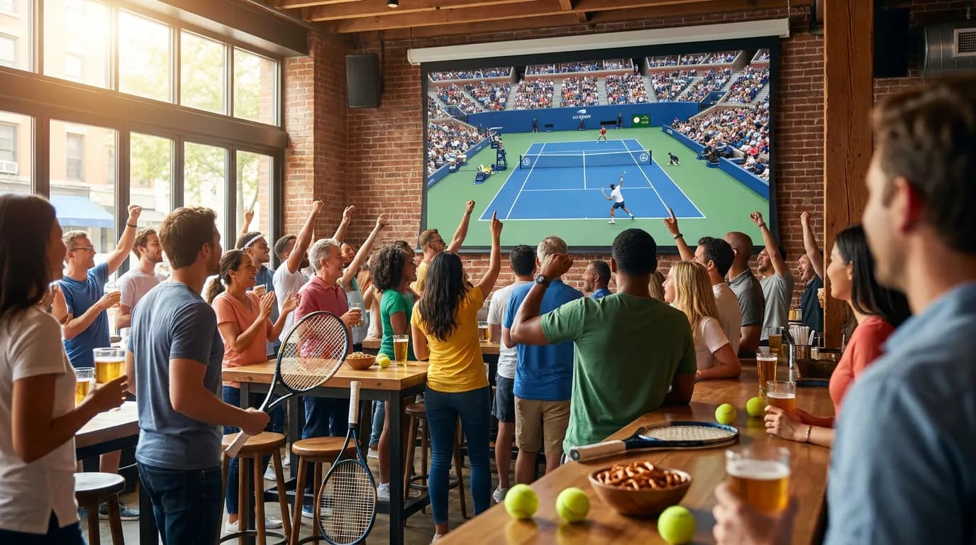 Photorealistic US Open tennis scene for Where to Watch US Open 2026 Matches Across New York.
