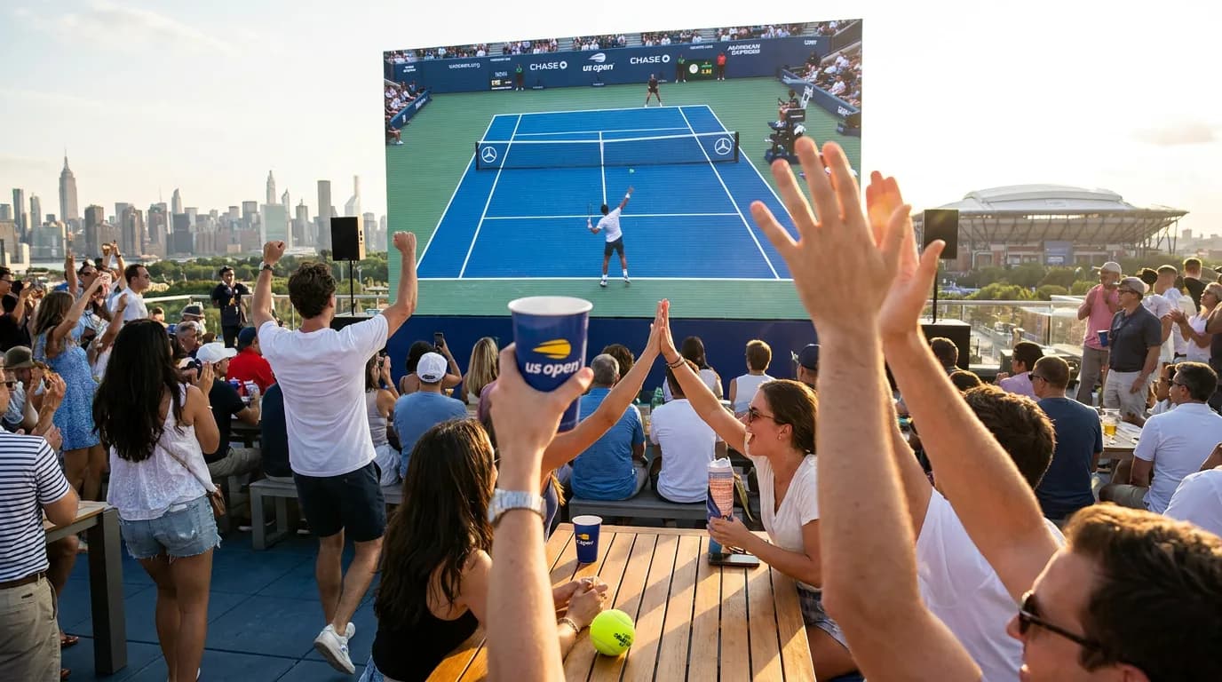 Photorealistic tennis scene illustrating Where to Watch US Open 2026 Matches Across New York.