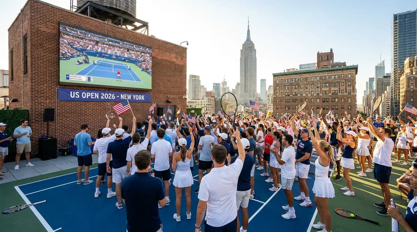Bright US Open tennis atmosphere illustrating Where to Watch US Open 2026 Matches Across New York.