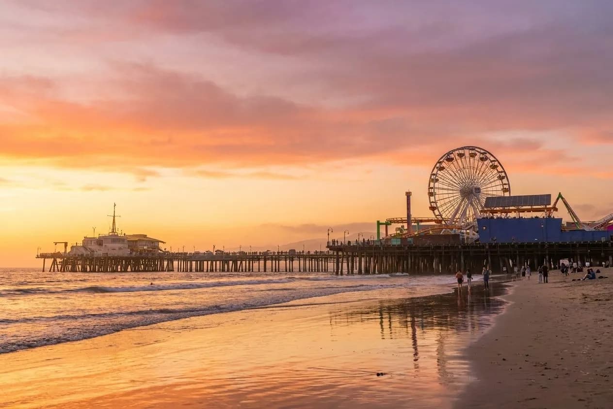 Santa Monica Pier and beach at golden hour