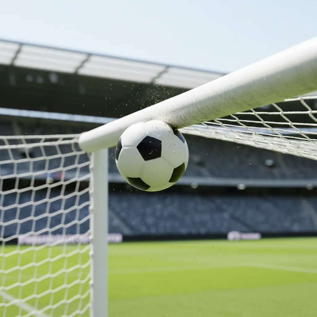 A soccer ball hits the crossbar and bounces away in a freeze-frame close-up