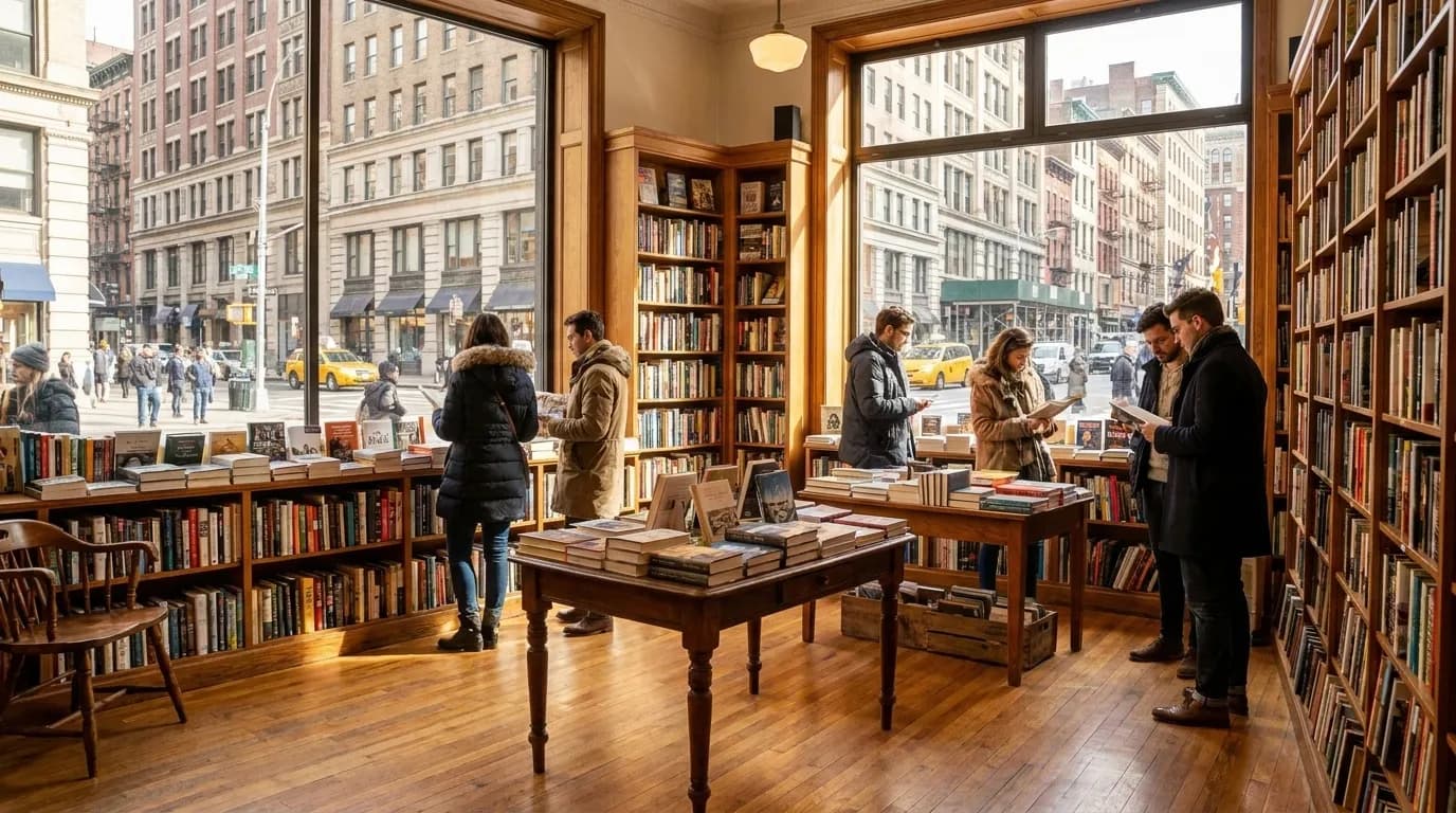 Interior of an independent NYC bookstore with customers browsing shelves and natural light from large windows