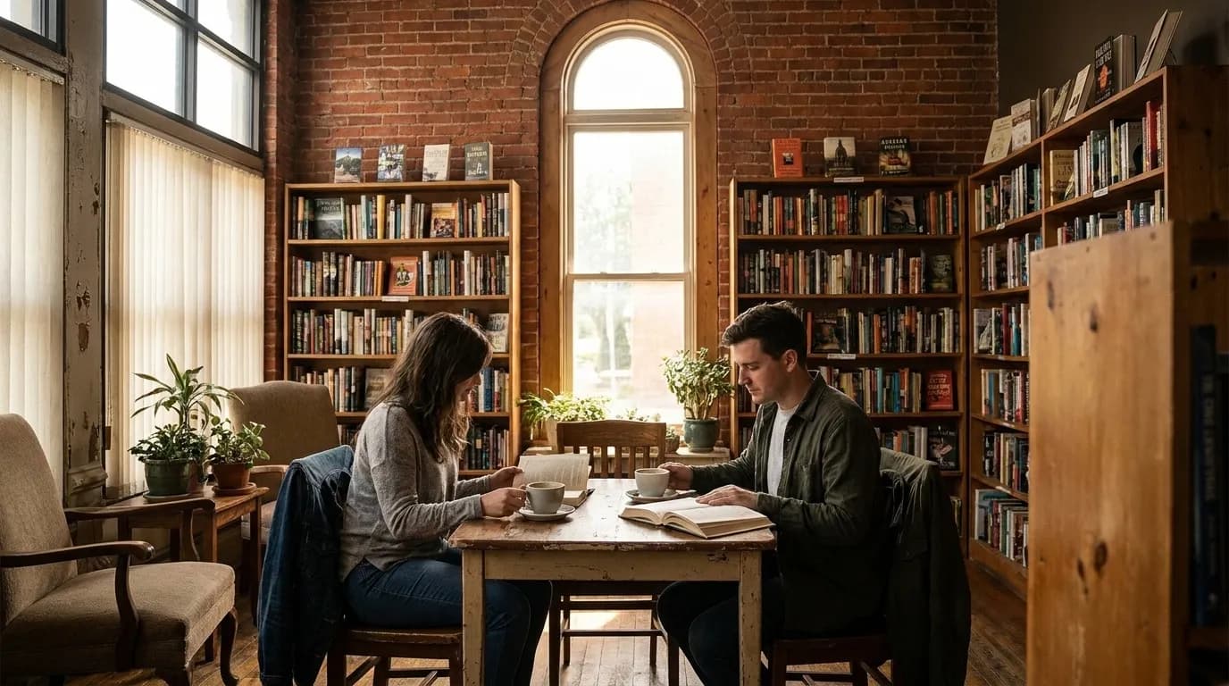 Customers reading and drinking coffee at a bookstore café with wooden tables and bookshelves in background