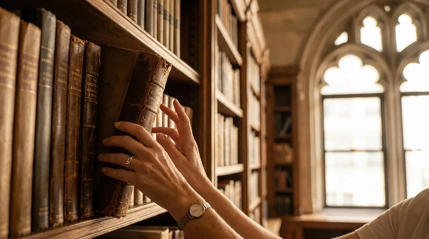 Two people standing side-by-side examining books on a shelf in a neighborhood bookshop