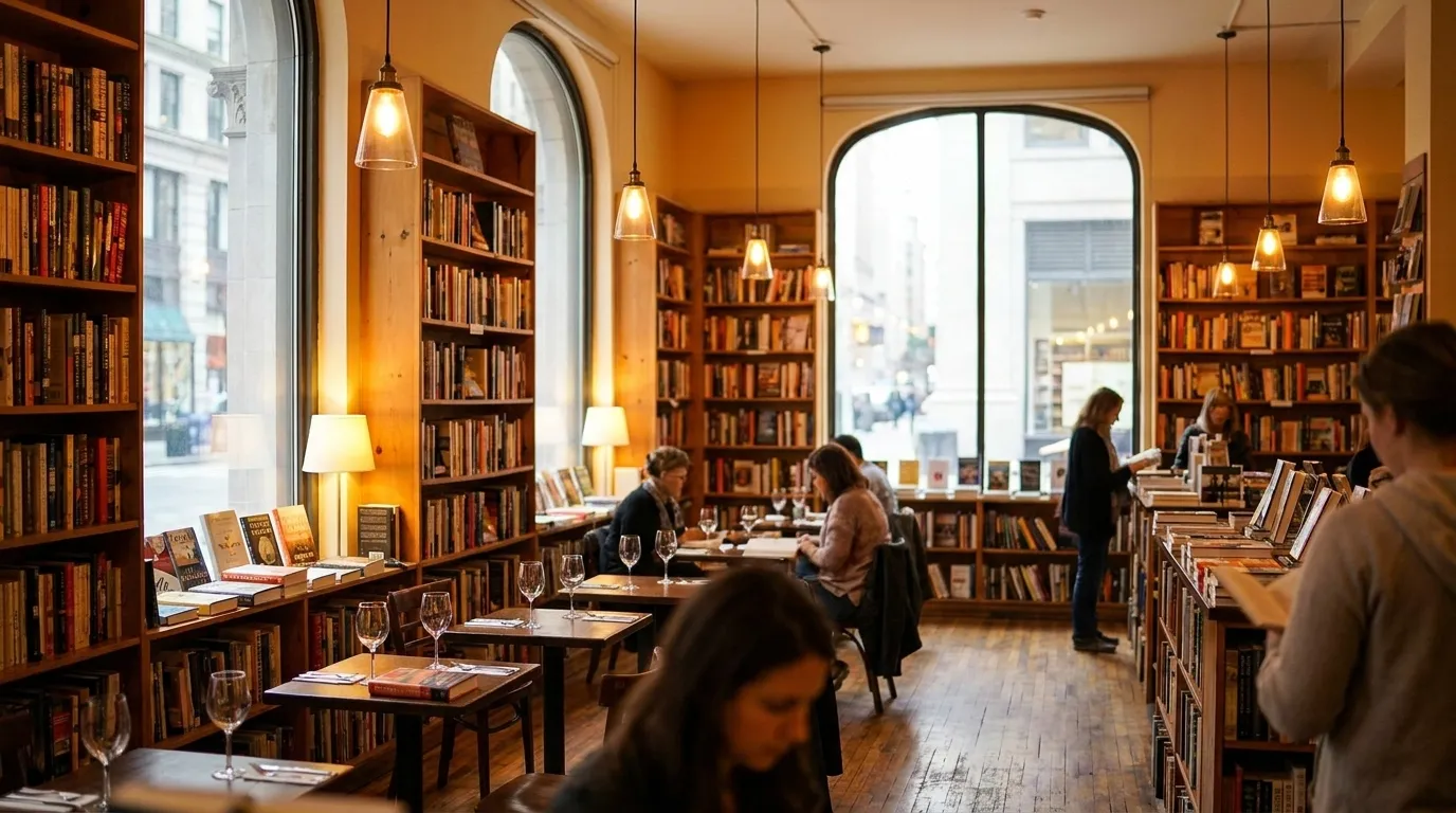 Interior of an independent bookstore in New York City with wooden shelves and reading nooks