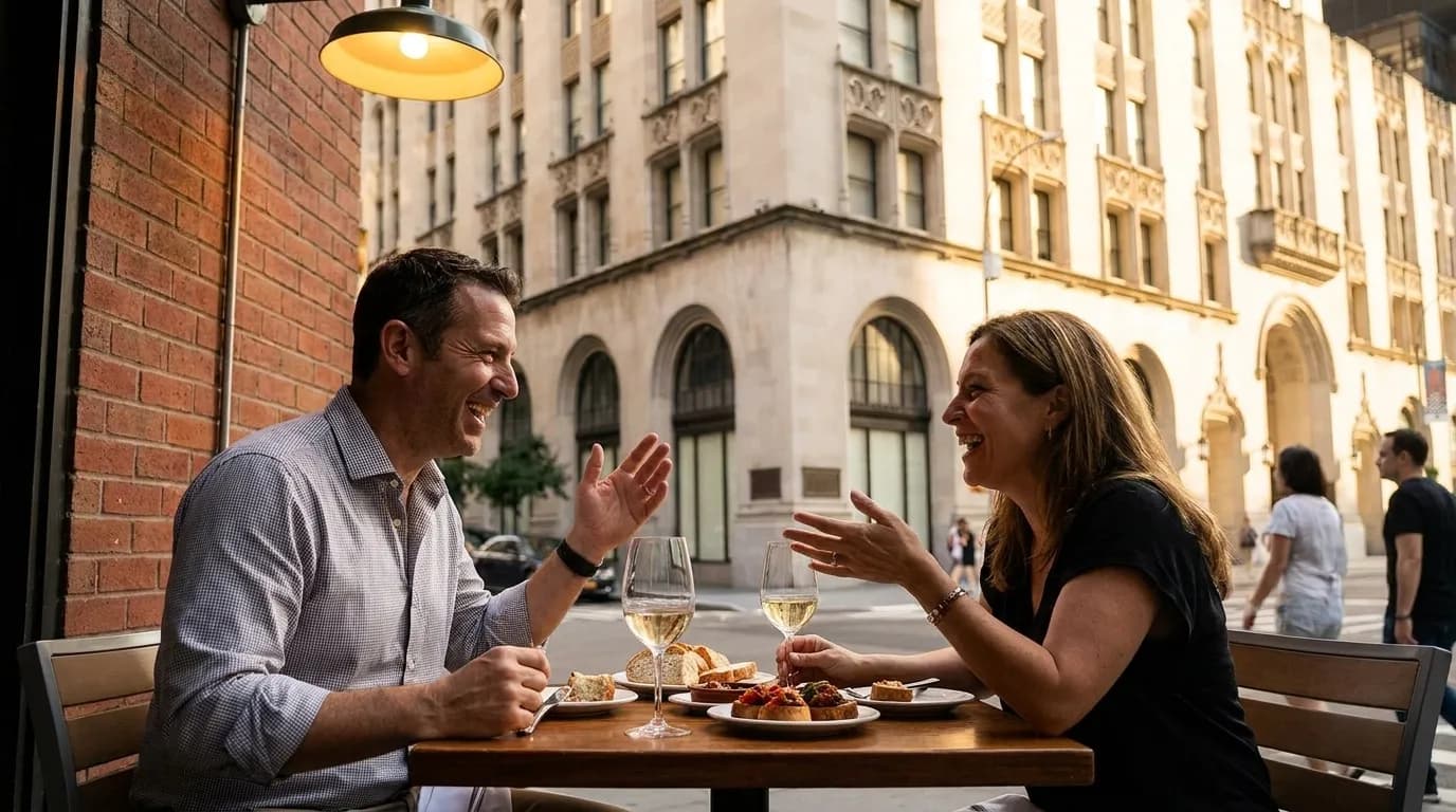 Diners engaged in conversation at a neighborhood restaurant table in New York