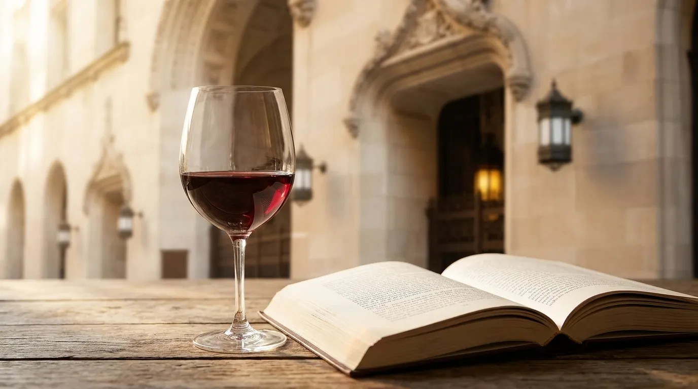 Close-up of a wine glass beside an open book on a cafe table