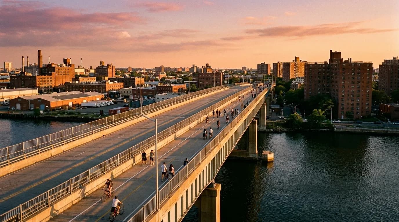 Pedestrians and cyclists crossing the Pulaski Bridge between Brooklyn and Queens at dusk with city skyline in background