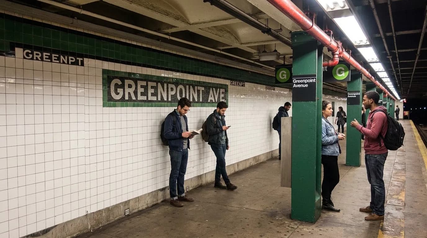 G train subway platform in Greenpoint showing station signage and waiting passengers during evening hours