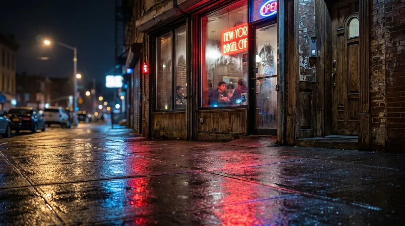 Knickerbocker Avenue in Bushwick with illuminated bar fronts and street activity on a weekend night