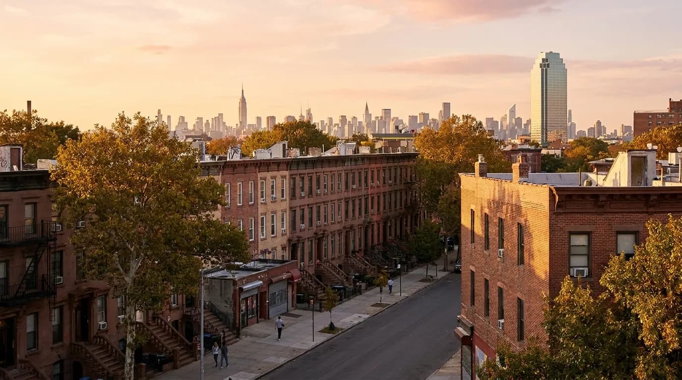 Tree-lined residential street in Astoria, Queens with local storefronts and pedestrians