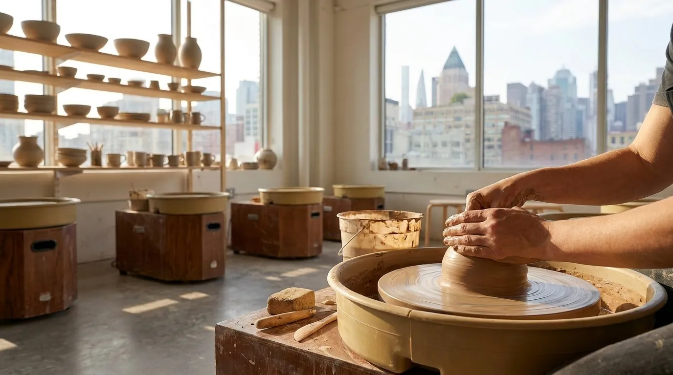 Hands shaping clay on pottery wheel in bright studio with shelves of ceramic works