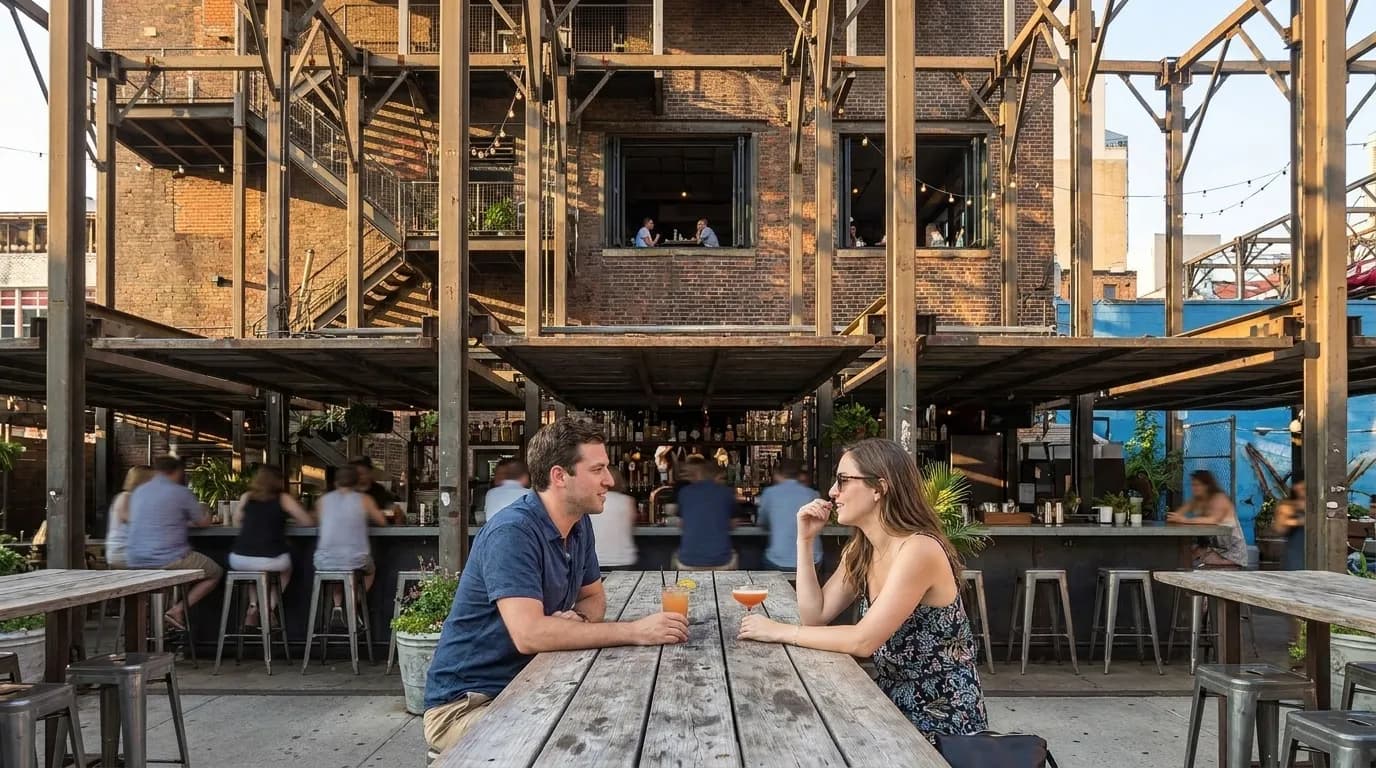 Outdoor bar seating in Manhattan on a summer evening, with patrons at small tables under string lights and open storefronts