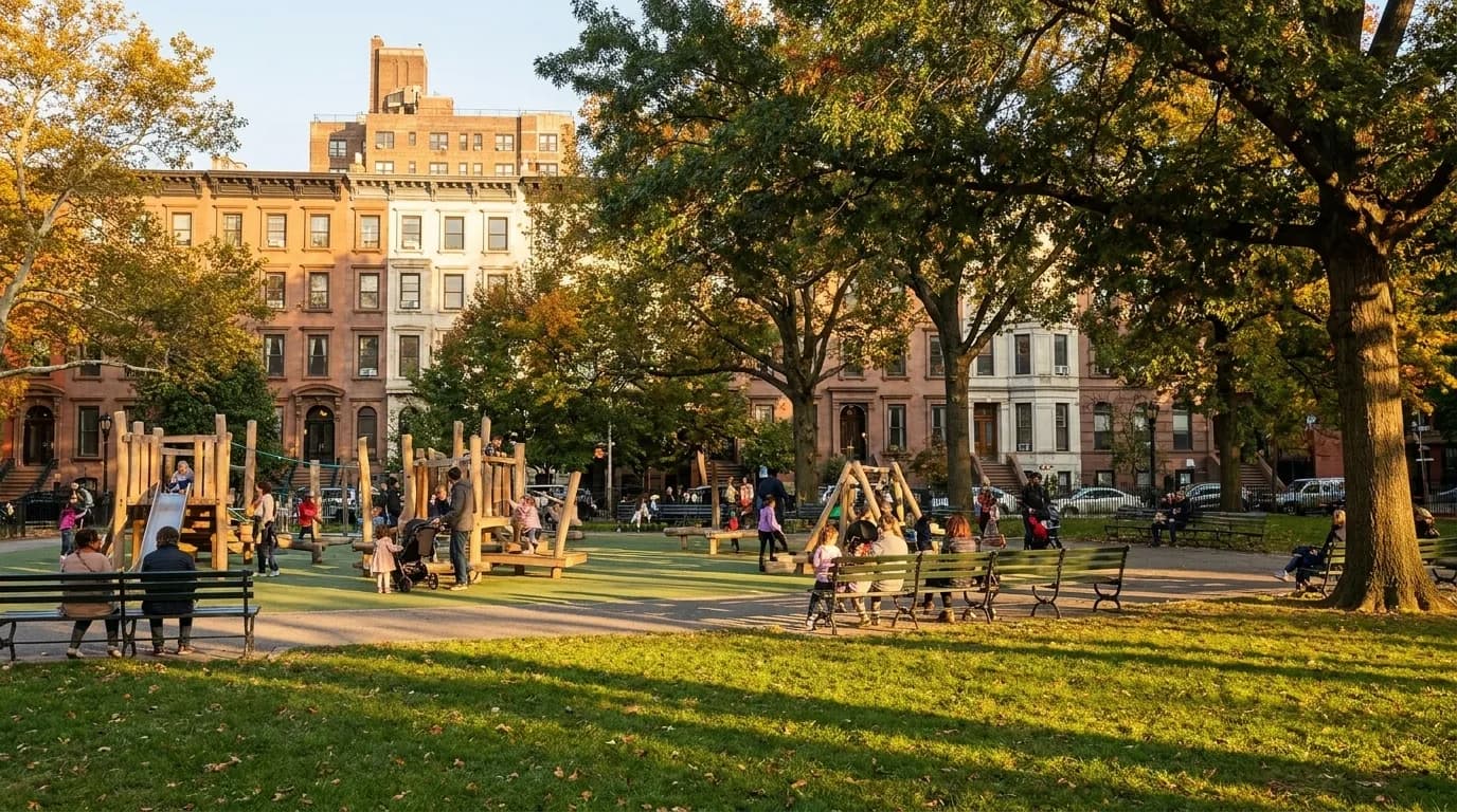 Families with young children playing near playground equipment in Washington Square Park during early evening