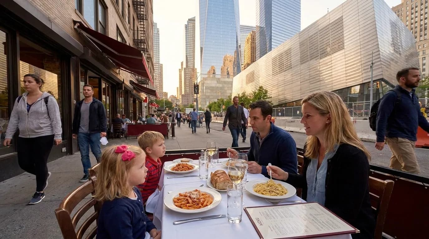 Parents and children seated at outdoor cafe tables on a New York City sidewalk with pedestrians passing by