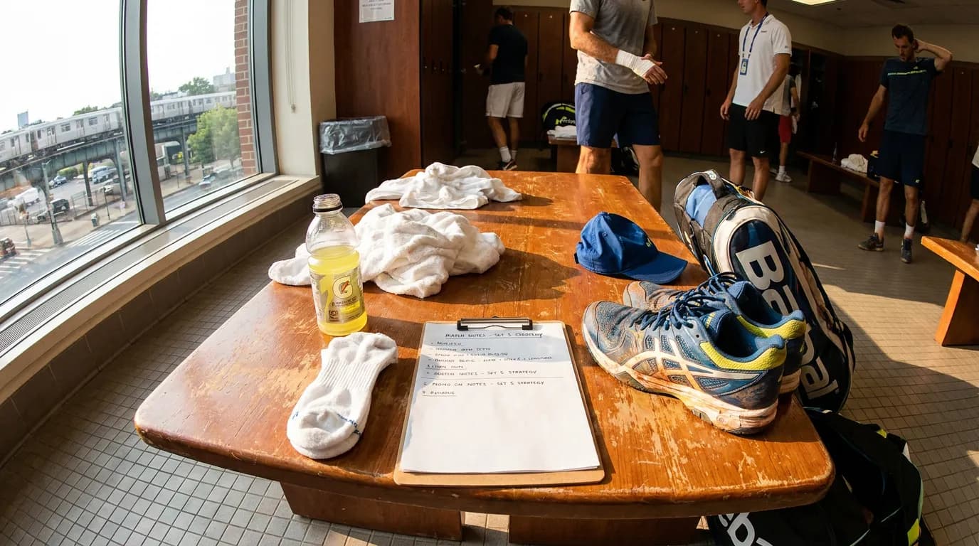 Photorealistic US Open tennis scene for Why Five-Set Fitness Changes Men’s US Open Matches.