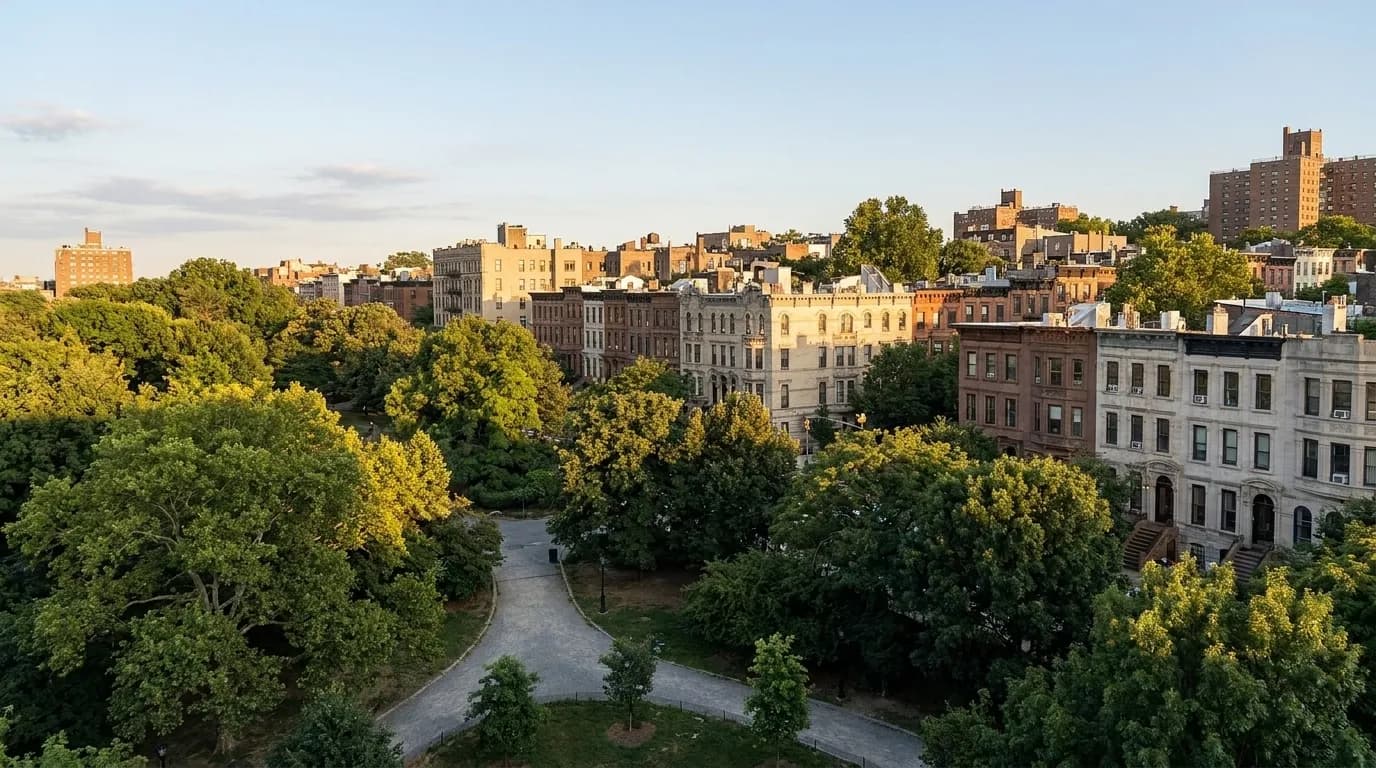 Elevated view from Fort Greene Park showing tree canopy and historic brownstone rooflines in Brooklyn