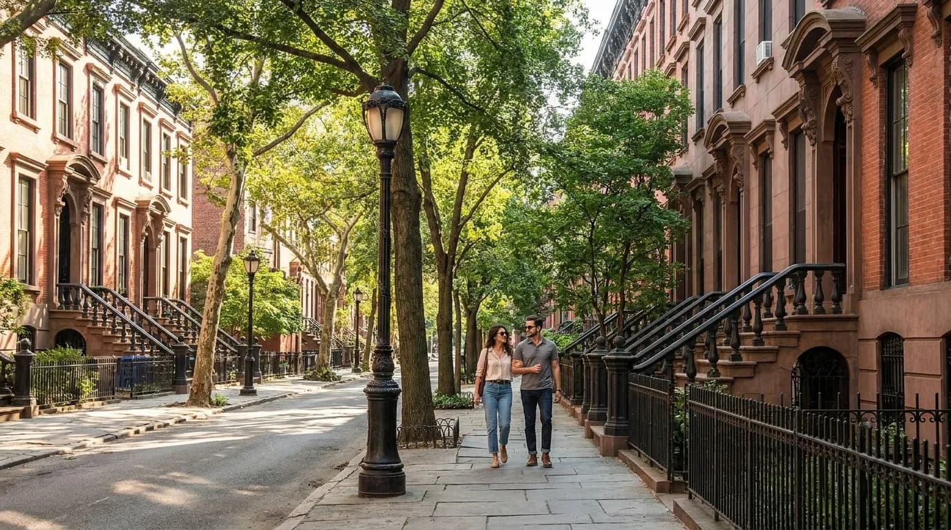 Tree-lined residential street in Fort Greene with preserved Italianate brownstone facades