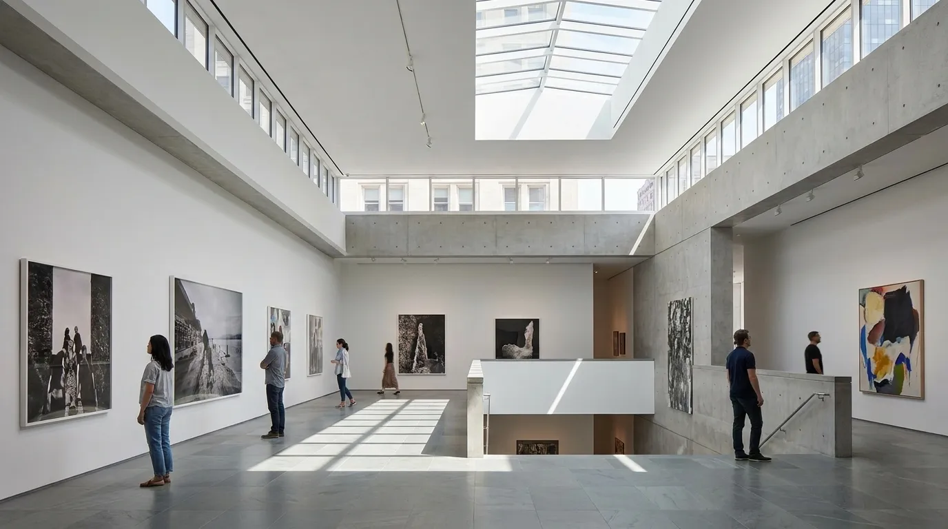 Interior of contemporary arts center gallery space with visitors viewing exhibitions