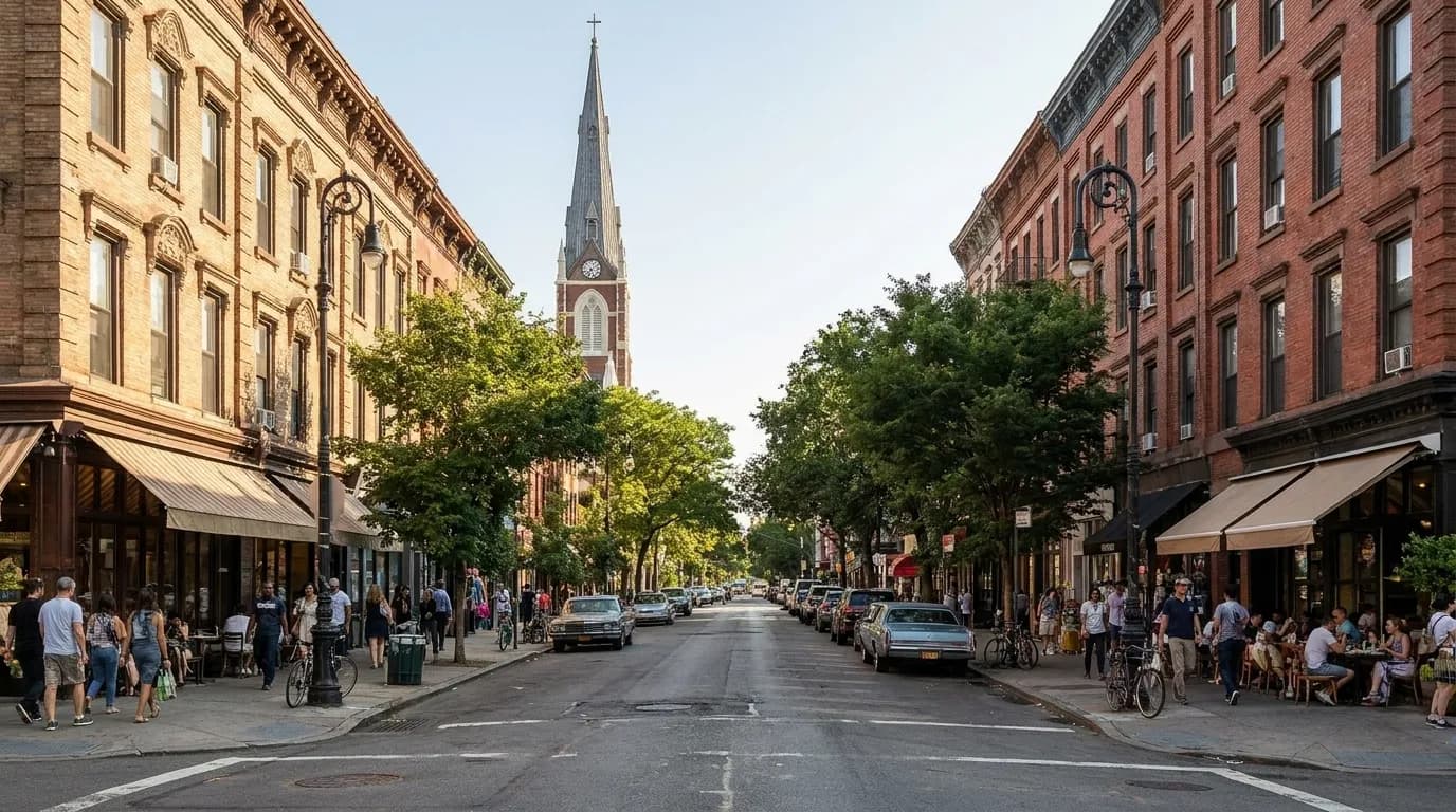 Tree-lined Manhattan Avenue in Greenpoint showing low-rise brick buildings and sidewalk cafés
