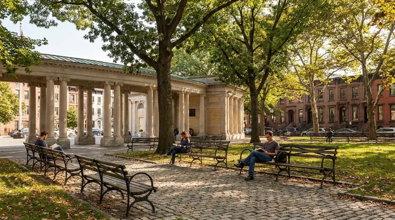McGolrick Park in Greenpoint with prewar rowhouses and mature trees surrounding green space