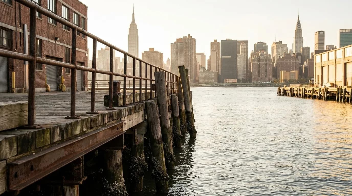 East River waterfront view from Greenpoint showing Manhattan skyline across the water