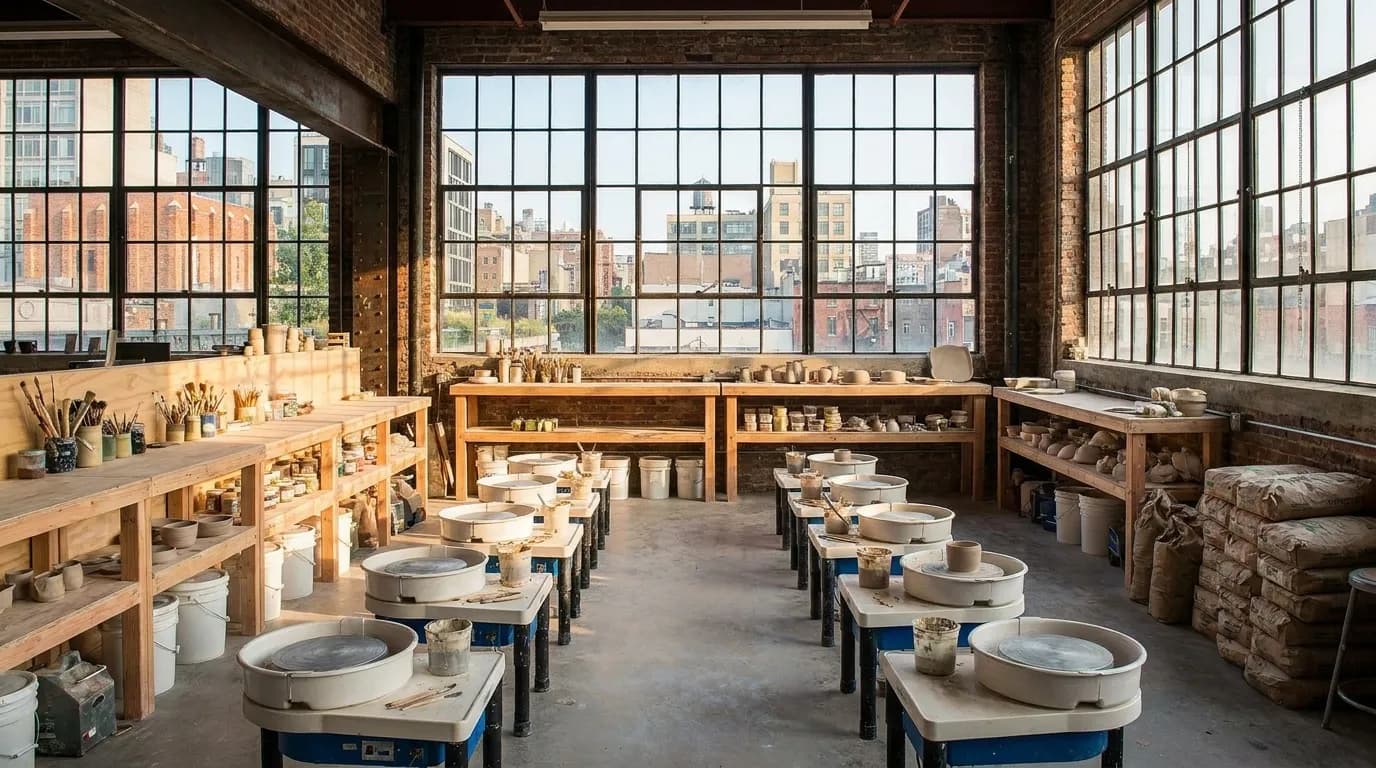 Pottery wheels and clay work stations in a Brooklyn ceramics studio with natural light