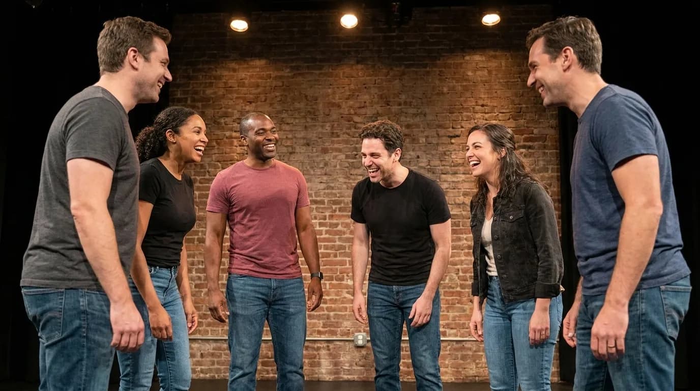 Group of adults participating in improv theater workshop exercise in Manhattan performance space