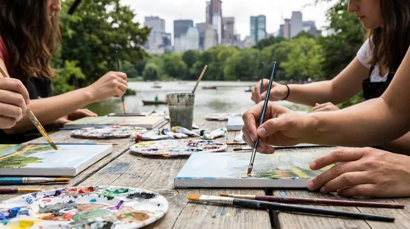 Hands working on painting projects at communal craft party table with art supplies