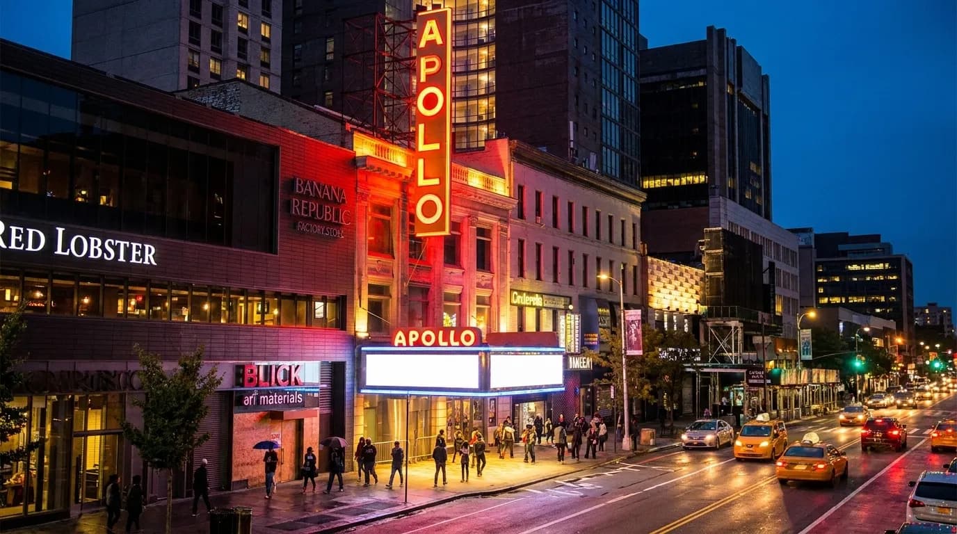 125th Street in Harlem at night with the Apollo Theater marquee and pedestrians on the sidewalk