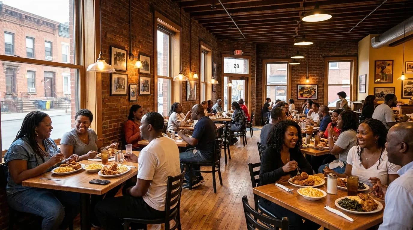 Interior of a Harlem soul food restaurant with customers at tables and plates of fried chicken and collard greens
