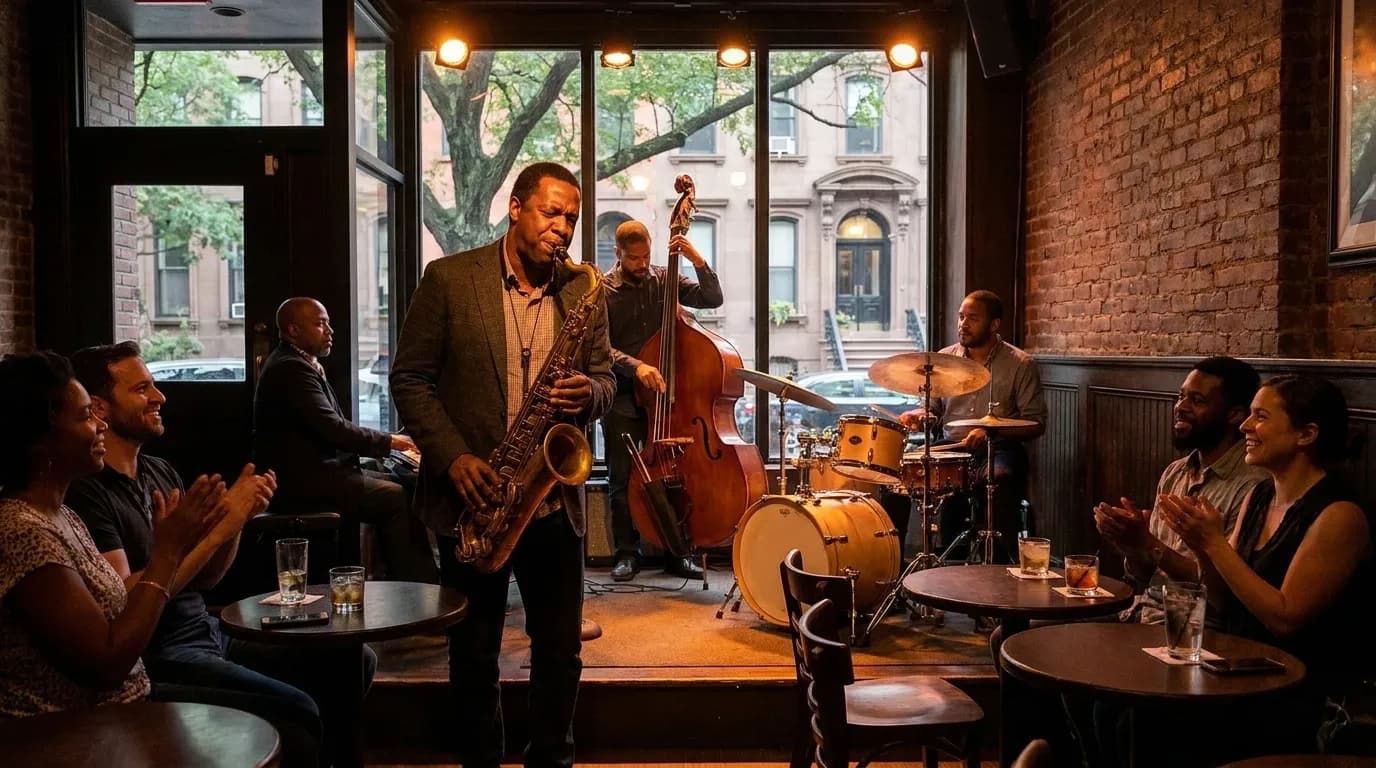 Live jazz performance in a small Harlem club with musicians on stage and audience members listening