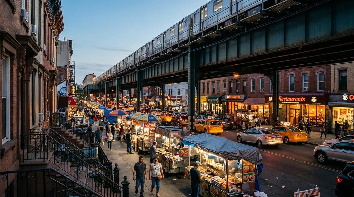 Wide view of Roosevelt Avenue in Jackson Heights showing elevated subway tracks, street vendors, and diverse storefronts