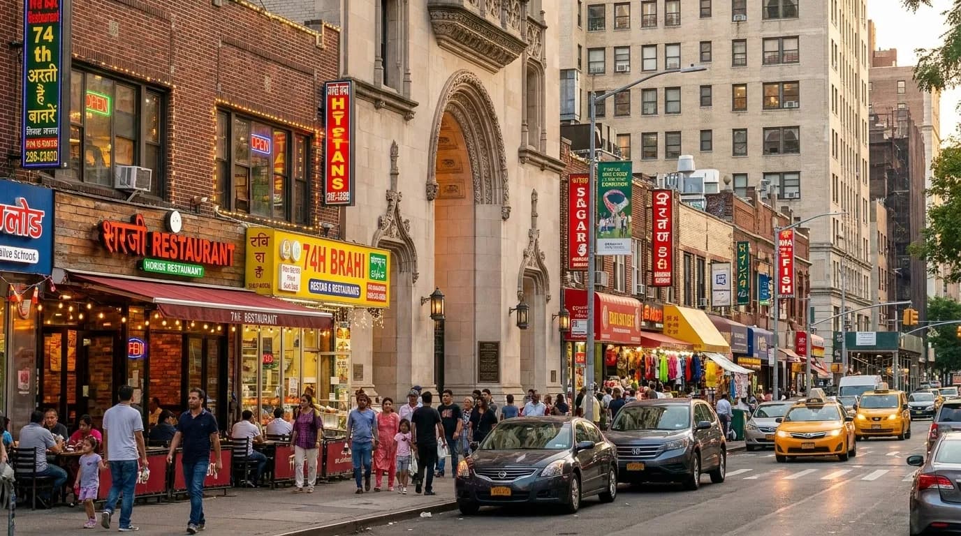 Mid-shot of restaurant row on 74th Street in Jackson Heights with colorful signage in multiple languages
