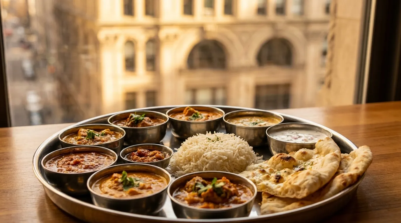 Close detail of an Indian thali platter with multiple small bowls of curries, rice, and bread