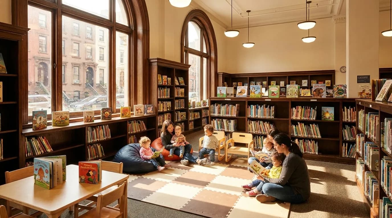 Children's reading area inside a New York Public Library branch with picture books and foam play mats