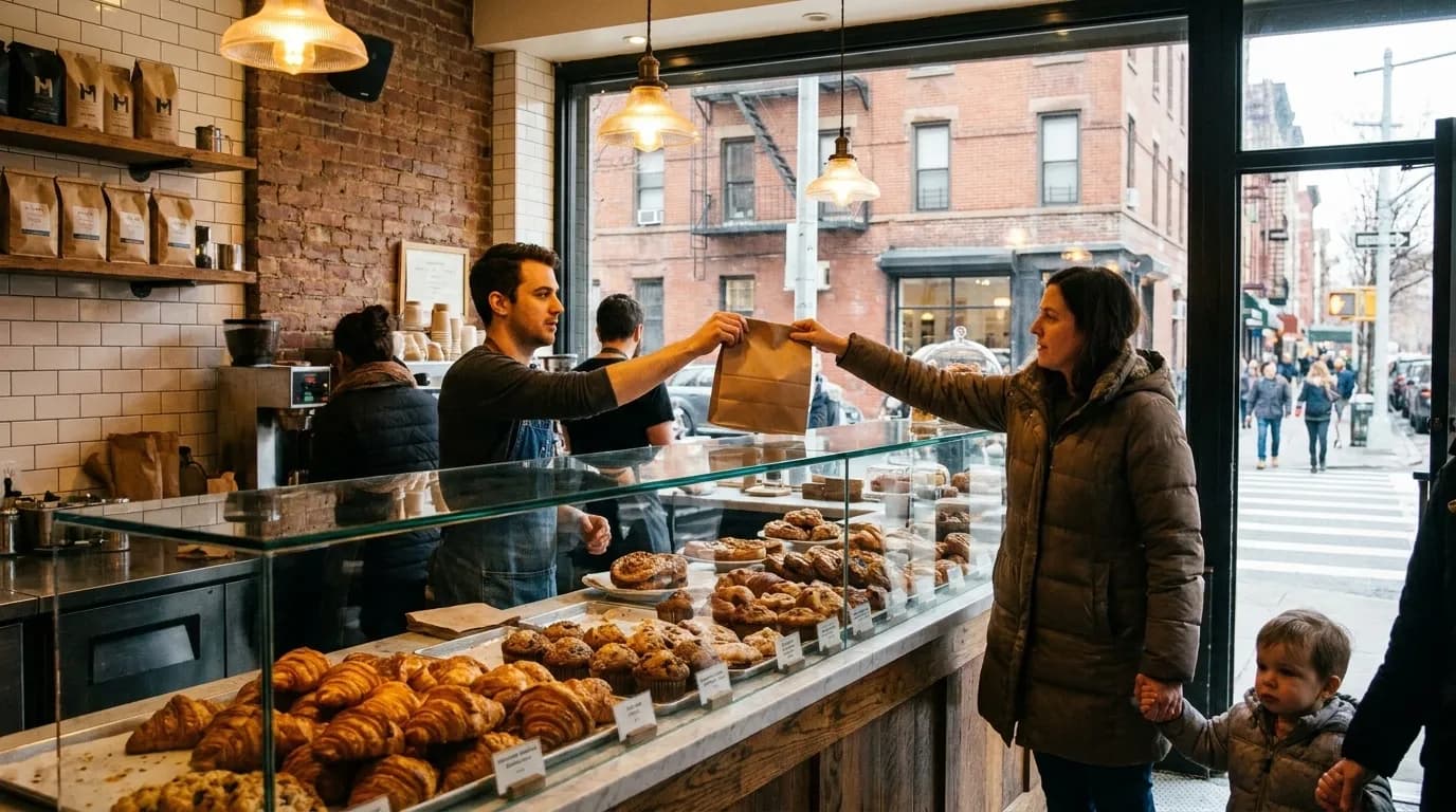 Bakery counter display with pastries and croissants in a Brooklyn neighborhood storefront