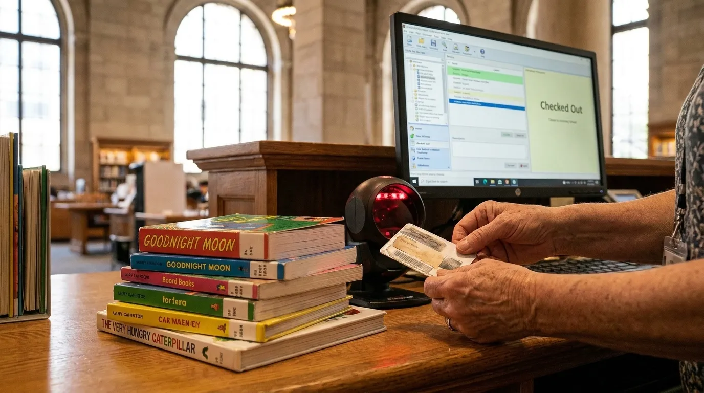 Exterior view of a New York City public library branch on a Sunday morning with families entering